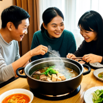**Prompt Title: Cozy Plant-Based Winter Hot Pot Gathering**
    A Vietnamese family, comprising parents and a child, fully clothed in modest, comfortable winter attire, gathered around a steaming, vibrant plant-based hot pot. The setting is a cozy, warmly lit dining room in a modern Vietnamese home, featuring traditional wooden furniture and soft ambient lighting. The table is laden with an array of fresh vegetables, various plant-based meat substitutes (such as thinly sliced plant-based "beef," plant-based "chicken" pieces, assorted mushrooms, and delicate tofu), all neatly arranged. Steam gently rises from the hot pot, creating an inviting and comforting atmosphere. Professional photography, high resolution, soft focus on the steam, warm color palette, safe for work, appropriate content, fully clothed, family-friendly, perfect anatomy, correct proportions, natural pose, well-formed hands, proper finger count, natural body proportions.
