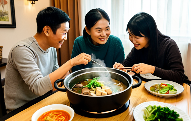 **Prompt Title: Cozy Plant-Based Winter Hot Pot Gathering**
    A Vietnamese family, comprising parents and a child, fully clothed in modest, comfortable winter attire, gathered around a steaming, vibrant plant-based hot pot. The setting is a cozy, warmly lit dining room in a modern Vietnamese home, featuring traditional wooden furniture and soft ambient lighting. The table is laden with an array of fresh vegetables, various plant-based meat substitutes (such as thinly sliced plant-based "beef," plant-based "chicken" pieces, assorted mushrooms, and delicate tofu), all neatly arranged. Steam gently rises from the hot pot, creating an inviting and comforting atmosphere. Professional photography, high resolution, soft focus on the steam, warm color palette, safe for work, appropriate content, fully clothed, family-friendly, perfect anatomy, correct proportions, natural pose, well-formed hands, proper finger count, natural body proportions.