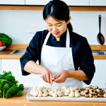 A professional, a female Vietnamese chef with modest, professional kitchen attire, carefully preparing fresh plant-based ingredients in a brightly lit, clean modern Vietnamese kitchen. Various organic ingredients are neatly arranged on a light wooden countertop: vibrant green vegetables, an assortment of different mushrooms (king oyster, shiitake), rehydrated soy protein chunks, firm tofu blocks, and a small bowl of whole cashews. Her hands, with perfect anatomy and proper finger count, are visible in a natural pose, delicately slicing a mushroom. The scene emphasizes freshness, health, and meticulous preparation. Professional photography, high detail, studio lighting, vivid colors, realistic textures, appropriate content, safe for work, fully clothed, family-friendly, correct proportions, natural body proportions.