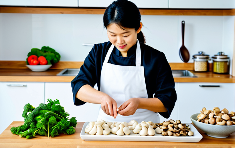 A professional, a female Vietnamese chef with modest, professional kitchen attire, carefully preparing fresh plant-based ingredients in a brightly lit, clean modern Vietnamese kitchen. Various organic ingredients are neatly arranged on a light wooden countertop: vibrant green vegetables, an assortment of different mushrooms (king oyster, shiitake), rehydrated soy protein chunks, firm tofu blocks, and a small bowl of whole cashews. Her hands, with perfect anatomy and proper finger count, are visible in a natural pose, delicately slicing a mushroom. The scene emphasizes freshness, health, and meticulous preparation. Professional photography, high detail, studio lighting, vivid colors, realistic textures, appropriate content, safe for work, fully clothed, family-friendly, correct proportions, natural body proportions.