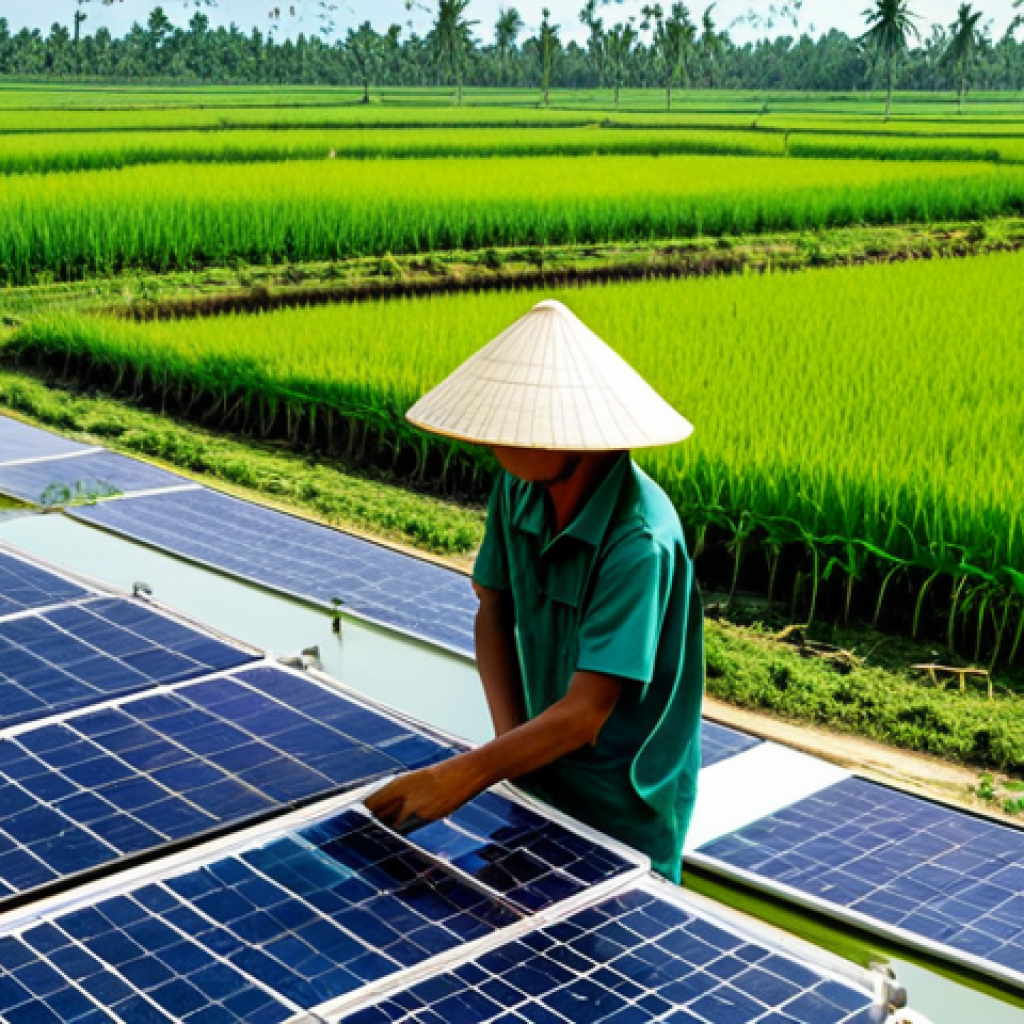 Sustainable Farm in Mekong Delta**

A vibrant image of a sustainable farm in the Mekong Delta, Vietnam. Lush green rice paddies surround a modern facility producing plant-based meat. Farmers in traditional conical hats are tending to crops. Solar panels provide energy. In the background, the Mekong River flows peacefully. *safe for work, appropriate content, fully clothed, professional, well-lit, high resolution*

**