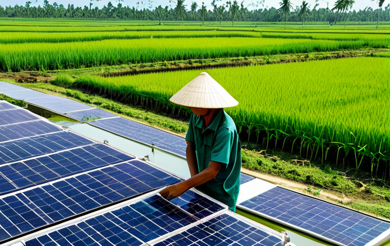 Sustainable Farm in Mekong Delta**

A vibrant image of a sustainable farm in the Mekong Delta, Vietnam. Lush green rice paddies surround a modern facility producing plant-based meat. Farmers in traditional conical hats are tending to crops. Solar panels provide energy. In the background, the Mekong River flows peacefully. *safe for work, appropriate content, fully clothed, professional, well-lit, high resolution*

**