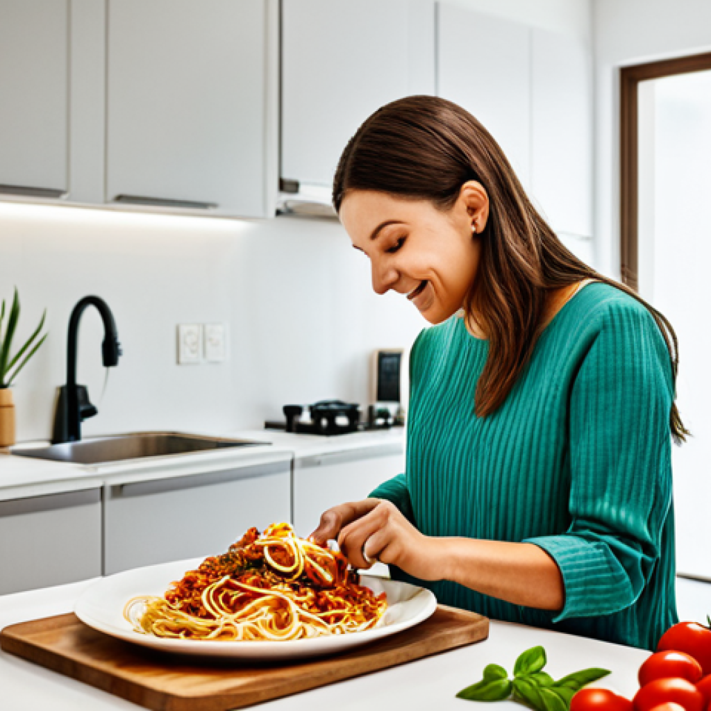 **Prompt:** A family-friendly scene featuring a person serving a plate of vegetarian spaghetti with meat substitutes, tomatoes, and fresh basil, fully clothed, in a brightly lit kitchen, safe for work, appropriate content, perfect anatomy, natural proportions, professional food photography, high quality, modest setting.