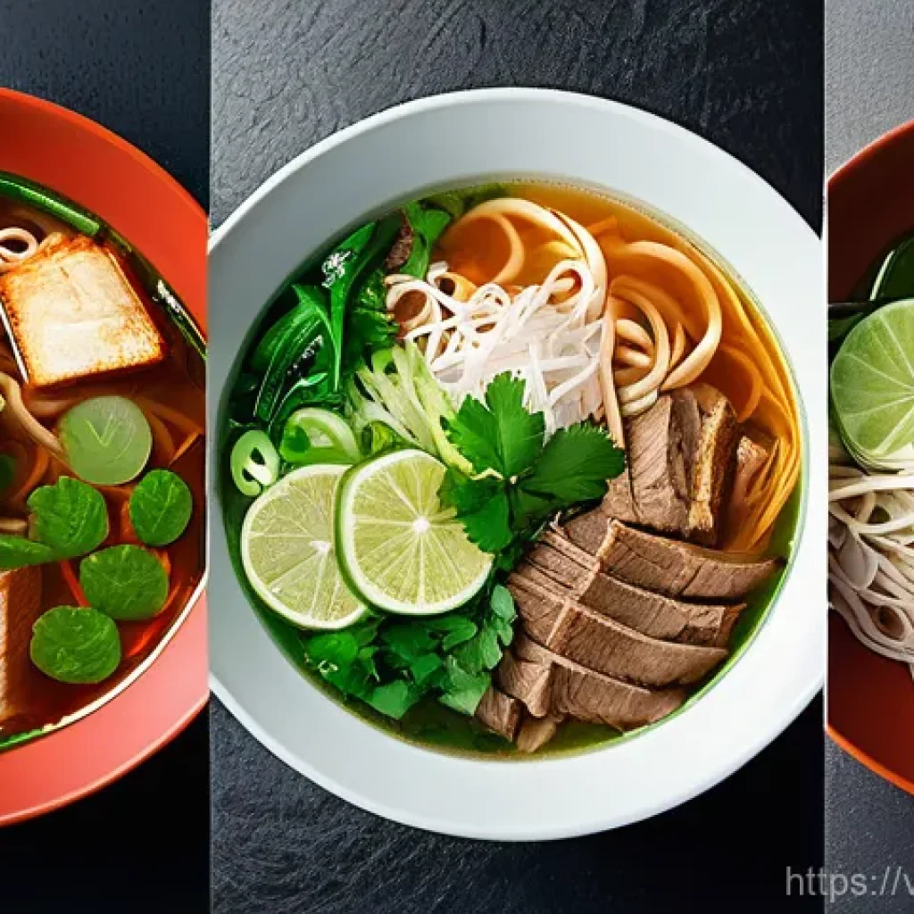 대체육으로 만든 아시아식 쌀국수 레시피 - Here are three detailed image generation prompts in English, designed to capture the essence of vege...