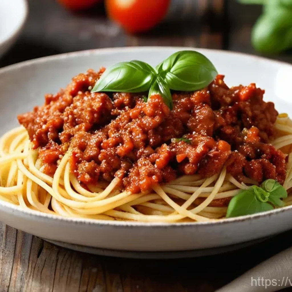 대체육을 활용한 간편한 파스타 레시피 - **Prompt:** A close-up, top-down shot of a beautifully plated dish of plant-based spaghetti. The spa...