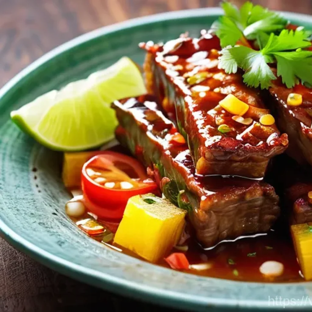 대체육으로 만든 스위트 앤 사워 요리법 - A vibrant, mouth-watering close-up of "Sườn chay xào chua ngọt" (Sweet and Sour Vegetarian Ribs) bea...