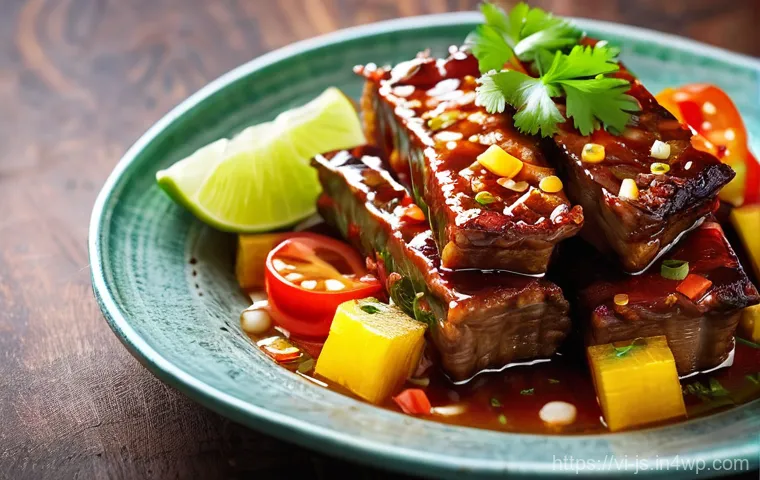 대체육으로 만든 스위트 앤 사워 요리법 - A vibrant, mouth-watering close-up of "Sườn chay xào chua ngọt" (Sweet and Sour Vegetarian Ribs) bea...