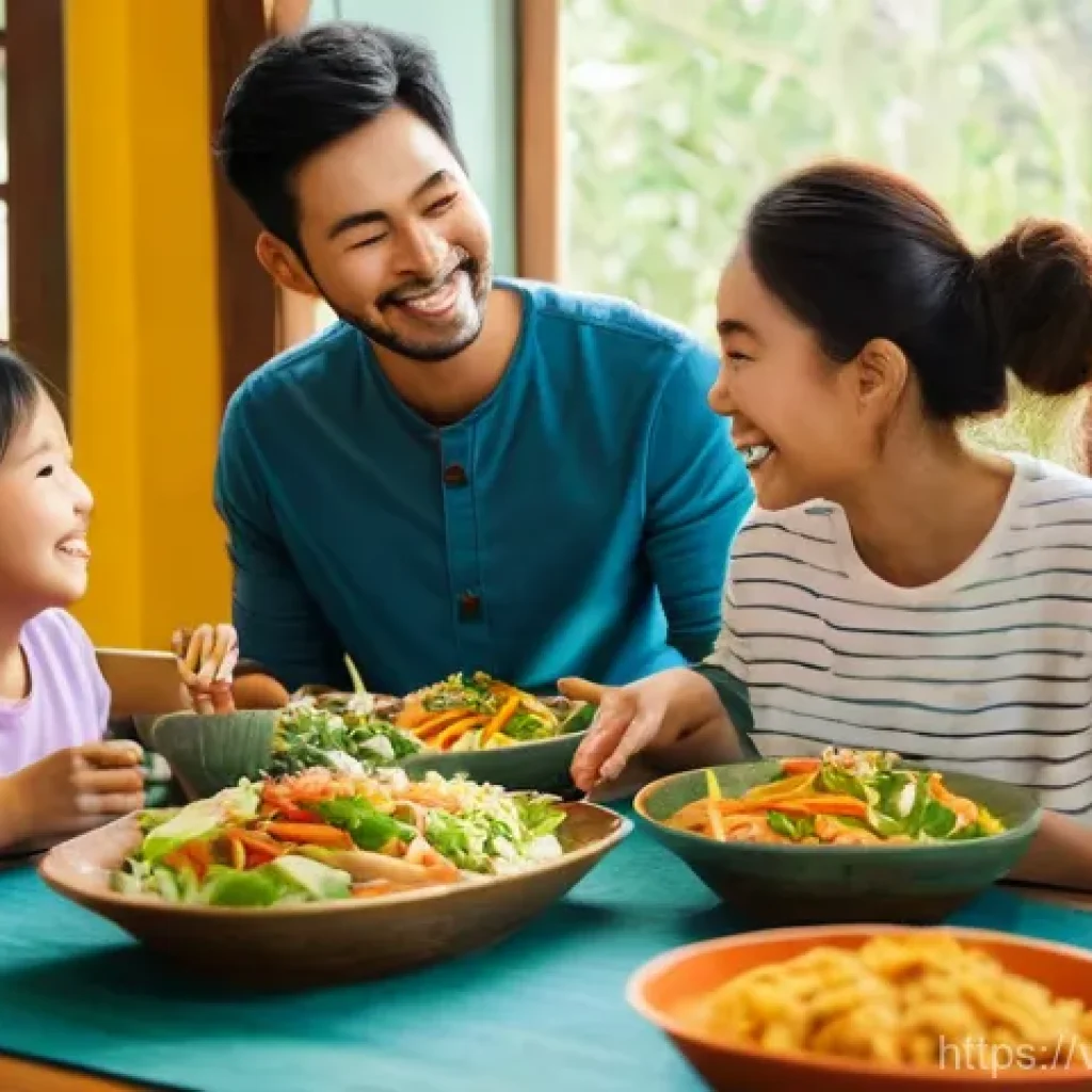 대체육으로 만든 특색 있는 크로켓 요리법 - "A vibrant, inviting scene of a Vietnamese family, including a mother, father, a young child (around...