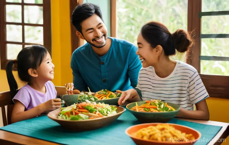 대체육으로 만든 특색 있는 크로켓 요리법 - "A vibrant, inviting scene of a Vietnamese family, including a mother, father, a young child (around...