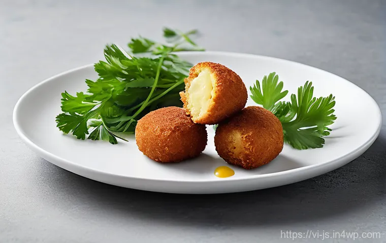 대체육으로 만든 특색 있는 크로켓 요리법 - "A close-up, high-angle shot showcasing the careful preparation of plant-based croquettes on a clean...