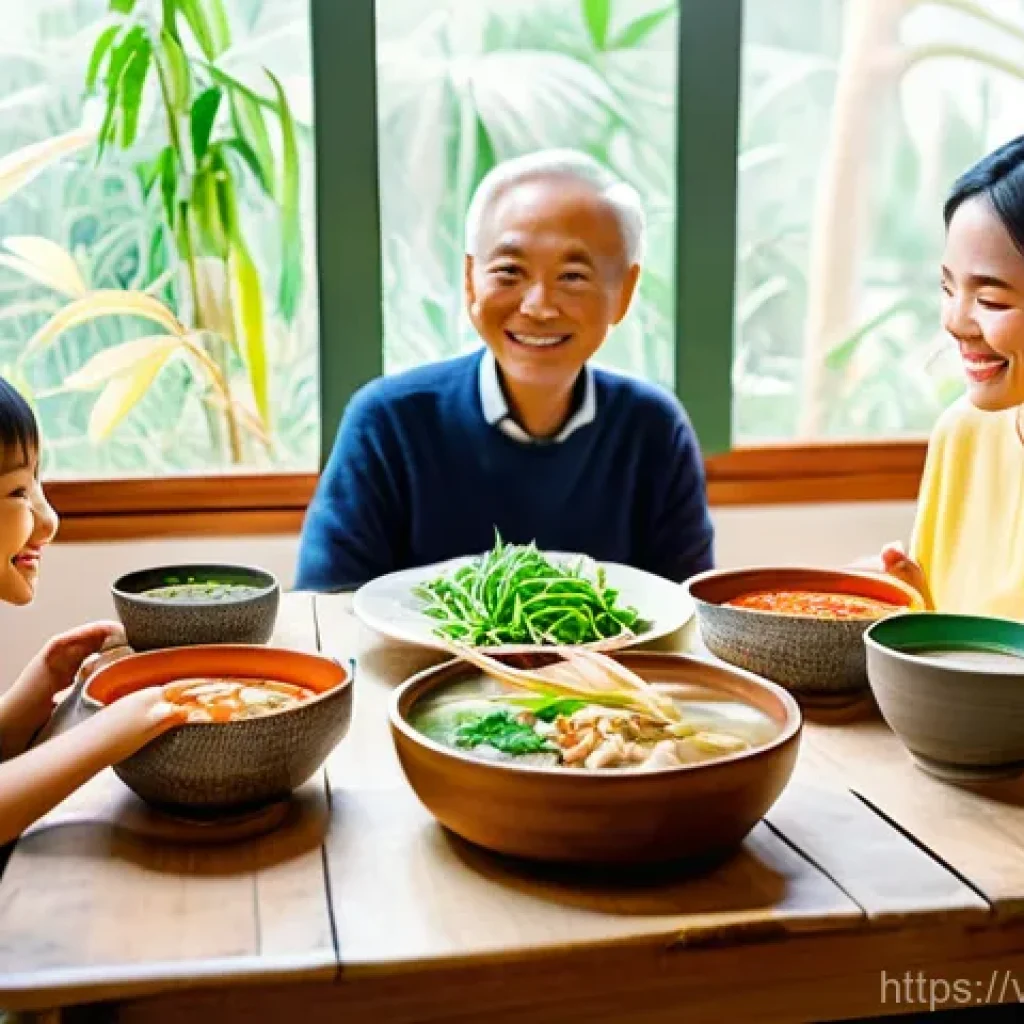 대체육 활용의 경제적 이점 - **Prompt Title: Vietnamese Family Enjoying a Hearty Plant-Based Meal**
    A happy, multi-generation...