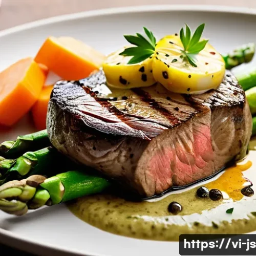 대체육으로 만든 스테이크 요리법 - **Prompt 1: Exquisite Portobello Mushroom Steak with Green Peppercorn Sauce**
    A high-angle, clos...