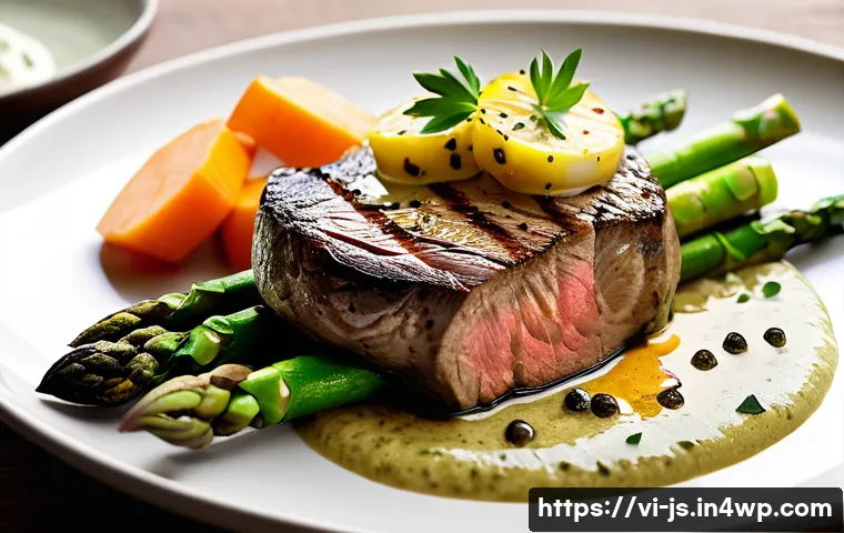 대체육으로 만든 스테이크 요리법 - **Prompt 1: Exquisite Portobello Mushroom Steak with Green Peppercorn Sauce**
    A high-angle, clos...