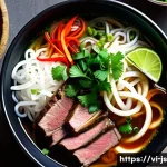 대체육 요리의 트렌드 및 전망 - A vibrant Vietnamese vegetarian pho bowl featuring fermented soybean meat substitute slices, fresh h...