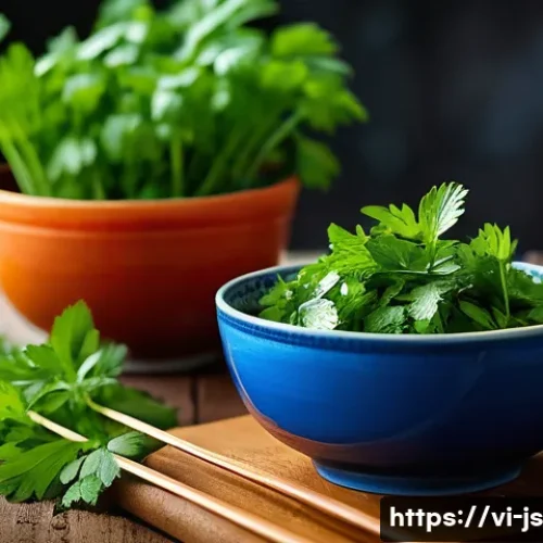 대체육 요리에서의 향신료 활용법 - A vibrant, close-up image of fresh Vietnamese herbs on a rustic wooden kitchen table: bright green c...
