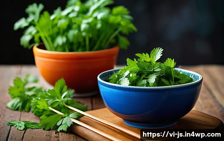 대체육 요리에서의 향신료 활용법 - A vibrant, close-up image of fresh Vietnamese herbs on a rustic wooden kitchen table: bright green c...