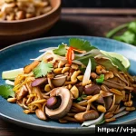 대체육으로 만든 태국식 볶음면 레시피 - A vibrant, close-up shot of a traditional Thai vegetarian Pad Thai dish served on a rustic ceramic p...