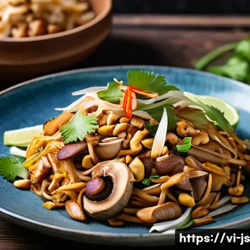 대체육으로 만든 태국식 볶음면 레시피 - A vibrant, close-up shot of a traditional Thai vegetarian Pad Thai dish served on a rustic ceramic p...
