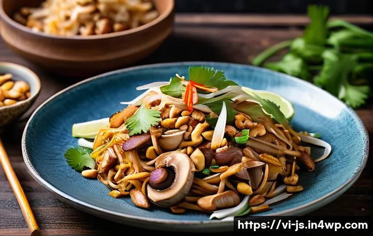 대체육으로 만든 태국식 볶음면 레시피 - A vibrant, close-up shot of a traditional Thai vegetarian Pad Thai dish served on a rustic ceramic p...