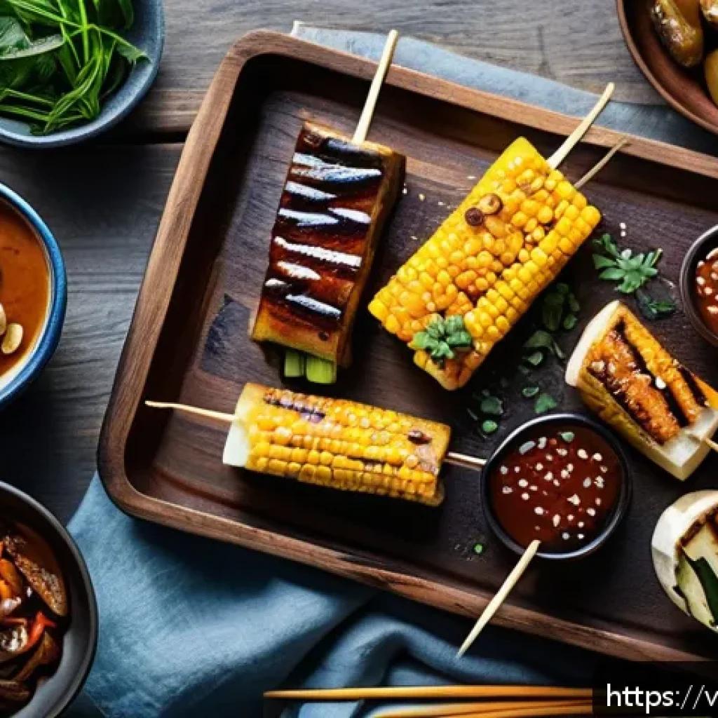 대체육으로 만든 바비큐 요리법 - A vibrant vegan BBQ scene featuring a variety of plant-based grilled ingredients arranged on a rusti...