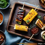 대체육으로 만든 바비큐 요리법 - A vibrant vegan BBQ scene featuring a variety of plant-based grilled ingredients arranged on a rusti...