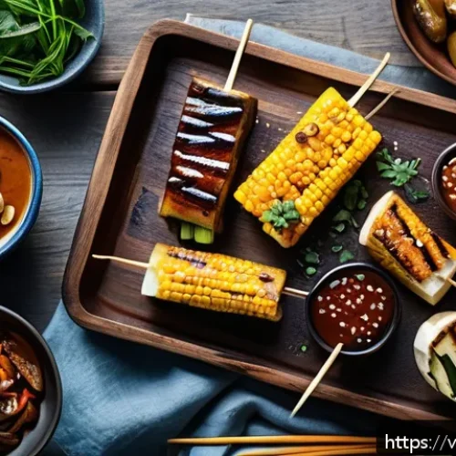 대체육으로 만든 바비큐 요리법 - A vibrant vegan BBQ scene featuring a variety of plant-based grilled ingredients arranged on a rusti...