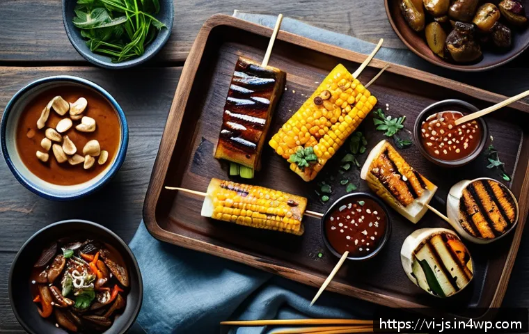 대체육으로 만든 바비큐 요리법 - A vibrant vegan BBQ scene featuring a variety of plant-based grilled ingredients arranged on a rusti...