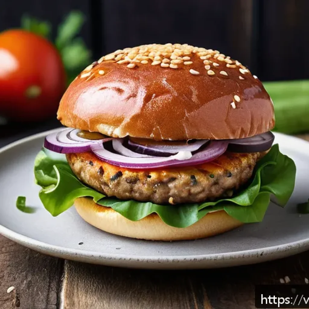 대체육으로 만드는 비건 버거 레시피 - A vibrant and appetizing vegetarian burger featuring a thick patty made from blended tofu, lentils, ...