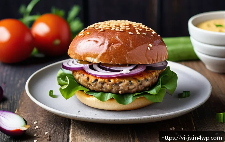 대체육으로 만드는 비건 버거 레시피 - A vibrant and appetizing vegetarian burger featuring a thick patty made from blended tofu, lentils, ...