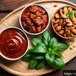 Home 23 대체육으로 만든 건강한 스낵 레시피 - A vibrant close-up of homemade plant-based meat snacks arranged on a rustic wooden platter, garnishe...