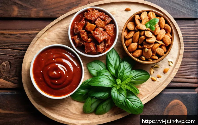 대체육으로 만든 건강한 스낵 레시피 - A vibrant close-up of homemade plant-based meat snacks arranged on a rustic wooden platter, garnishe...