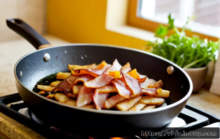 대체육으로 만든 베이컨 대체품 조리법 - Photorealistic Vietnamese home kitchen scene, close-up of a nonstick skillet with crisp plant-based ...