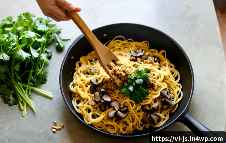 대체육으로 만든 크림 파스타 레시피 - Photorealistic Vietnamese home kitchen scene, a creamy plant-based mince pasta being prepared in a w...